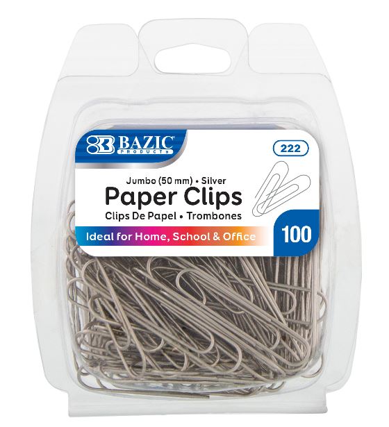222-BAZIC Jumbo (50mm) Silver Paper Clip (100/Pack) 24/IC 72/C
