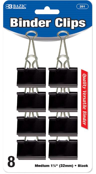 261-BAZIC Medium 1 1/4" (32mm) Black Binder Clip (8/Pack)