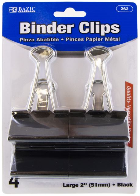 262-BAZIC Large 2" (51mm) Black Binder Clip (4/Pack) 24/PK
