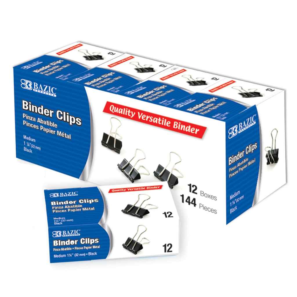 266-BAZIC Medium 1 1/4" (32mm) Black Binder Clip (12/Box) 12/IC 120/C