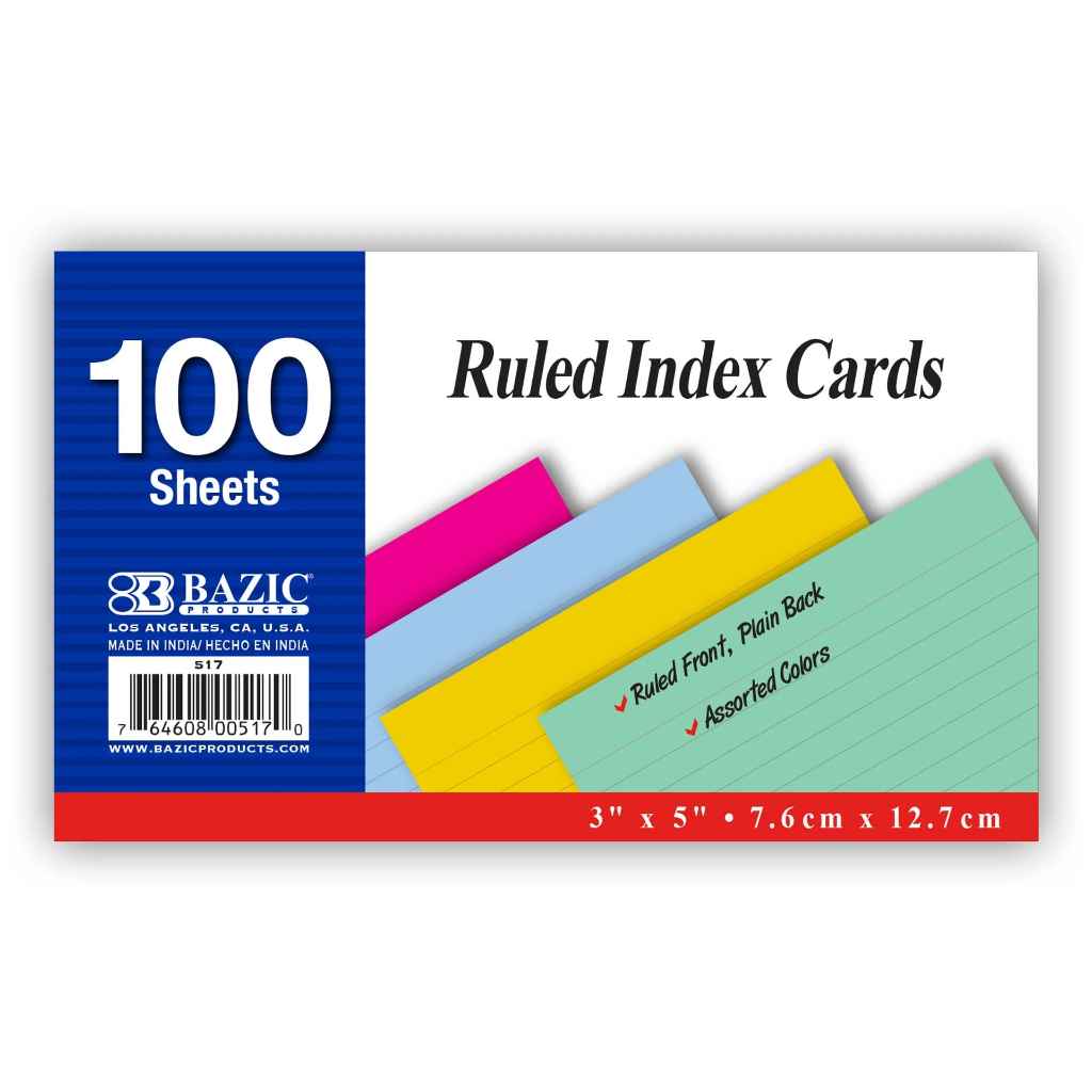 517-BAZIC 100 Ct. 3" X 5" Ruled Colored Index Card 36/cs