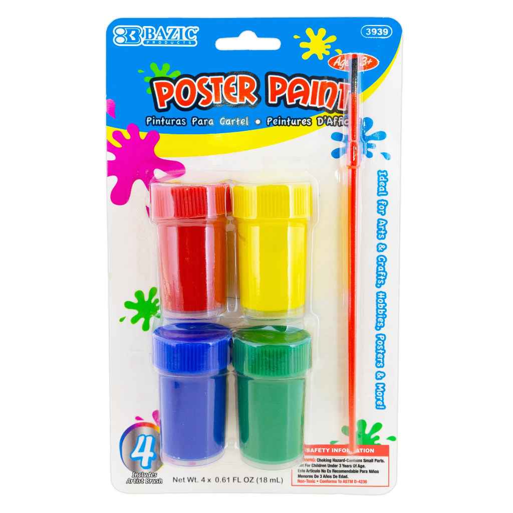 3939-Bazic 0.6 fl oz (18 ml) 4 Color Poster Paint w/ Brush