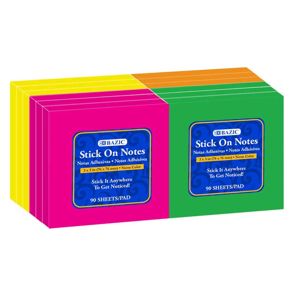 5162 BAZIC 90ct. 3x3 Neon Stick On Notes (12/Shrink)