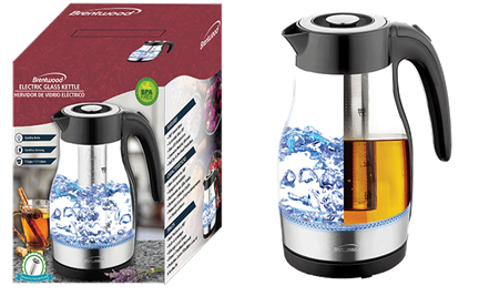 KT-1962BK  1.9QT GLASS KETTLE WITH TEA INFUSER BLK 6/C