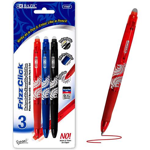 17109/17067-BAZIC Frizz Assorted Color Eraseable Gel Retractable Pen w/ Grip (3/pk) 24/cs