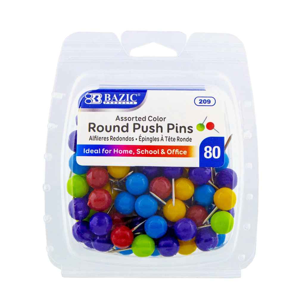 209-BAZIC Assorted Color Round Push Pins (80pk) 24bx/144c