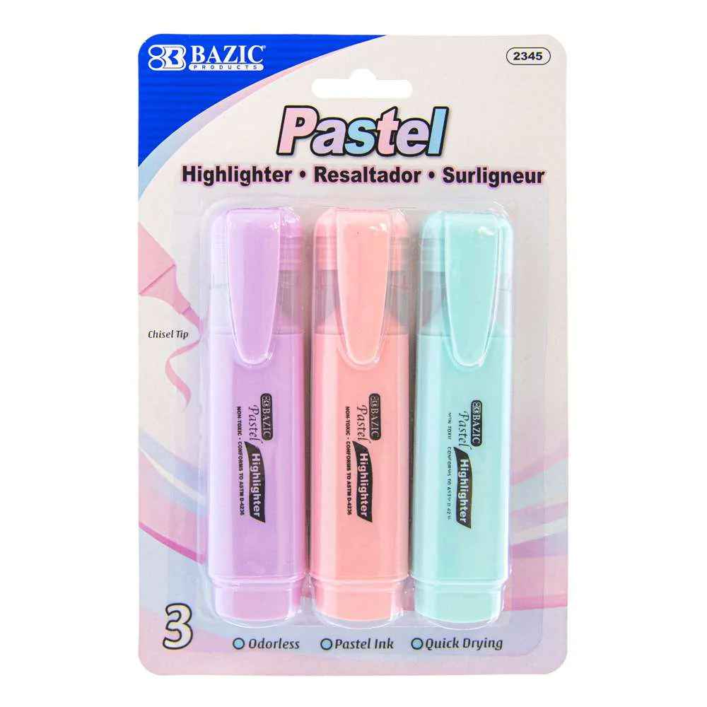 2345-BAZIC Pastel Highlighter w/ Pocket Clip (3pk) 24bx/144c