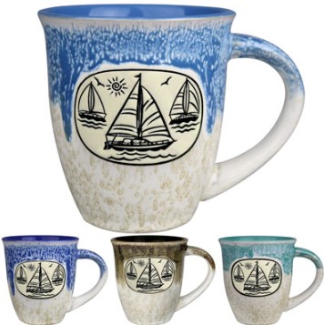 59428 - SAILBOATS OVAL DRIP GLAZE 18oz.MUG 4AST/