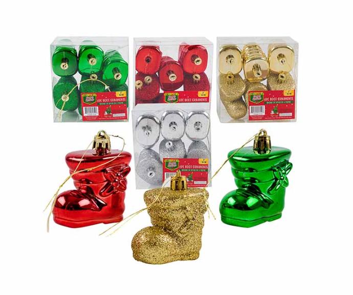 81312X-BOOT ORNAMENT,6pc 2" SHINY/GLI
