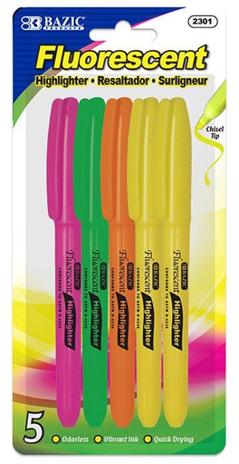 [282703] 2301-BAZIC PEN STYLE FLOURESCENT HIGHLIGHTERS W/ POCKET CL 5pk 24/IC 144/C