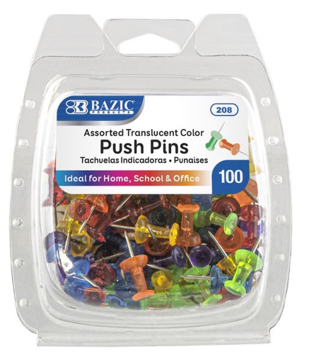 [284841] 208 BAZIC Assorted Translucent Color Push Pins (100/Pack) 24/IC 144/C