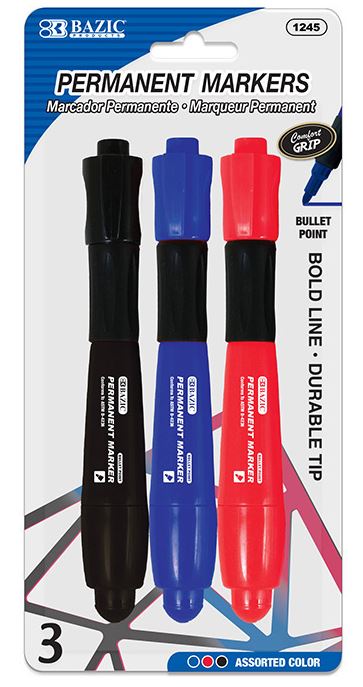 BAZIC Assorted Colors Chisel Tip Jumbo Permanent Markers w/ Grip (3/Pack)