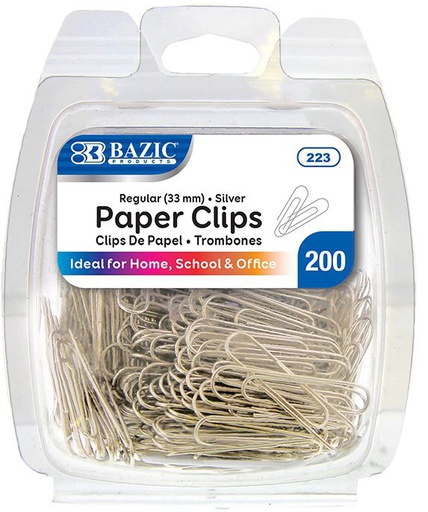 [339029] 223-BAZIC No.1 Regular (33mm) Silver Paper Clips (200/Pack) 24/IC 72/C