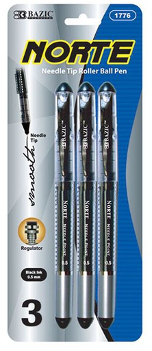 [348626] 1776-BAZIC Norte Black Needle-Tip Rollerball Pen (3/Pack) 24/IC 144/C *
