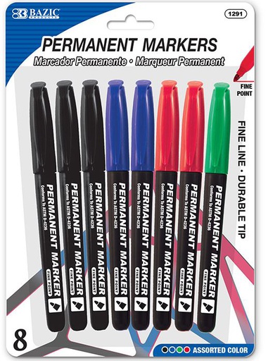 [348605] 1291-BAZIC Assorted Colors Fine Tip Permanent Markers w/ Pocket Clip 8/pk 24/IC 144/C *