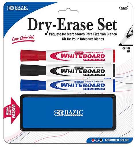 [348608] 1208-BAZIC Dry Erase Marker w/ Eraser 3/pk Asst. Color Chisel Tip 24/cs