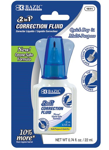 [348557] 1611-BAZIC 22ml 2 in 1 Correction w/ Foam Brush Applicator & Pen Tip 24/cs