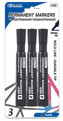 [373144] 1248-BAZIC Black Chisel Tip Desk Style Permanent Markers (3/Pack) 24/IC 144/C *
