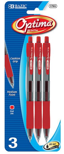 [373158] 1793-BAZIC Optima Red Oil-Gel Ink Retractable Pen w/ Grip (3/pack) 24/IC 144/C