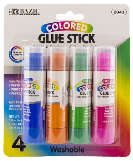 [373165] 2043-BAZIC 8g / 0.28 Oz Washable Colored Glue Stick (4/Pack) 24/IC 144/C *