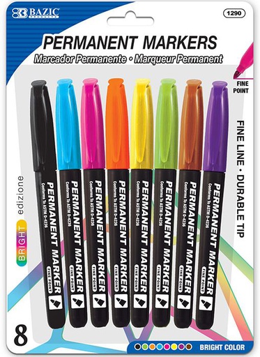 [373146] 1290-BAZIC Bright Colors Fine Tip Permanent Markers w/ Pocket Clip (8/pack) 24/IC 144/C *
