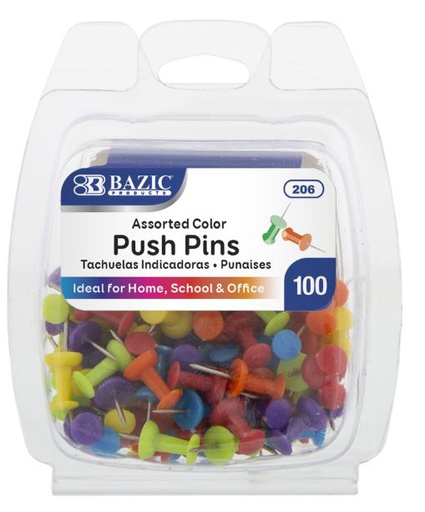 [373166] 206-BAZIC Assorted Color Push Pins (100/Pack) 24/IC 144/C *