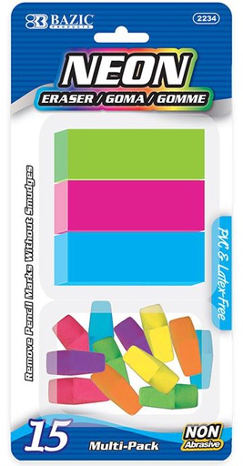 [379415] 2234-BAZIC Neon Eraser Sets ( 15/Pack) 24/IC 72/C