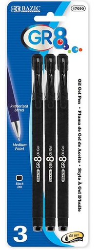 [379408] 17090-A-BAZIC GR8 Black Oil-Gel Ink Pen w/ Rubberized Barrel (3/pack) 24/cs