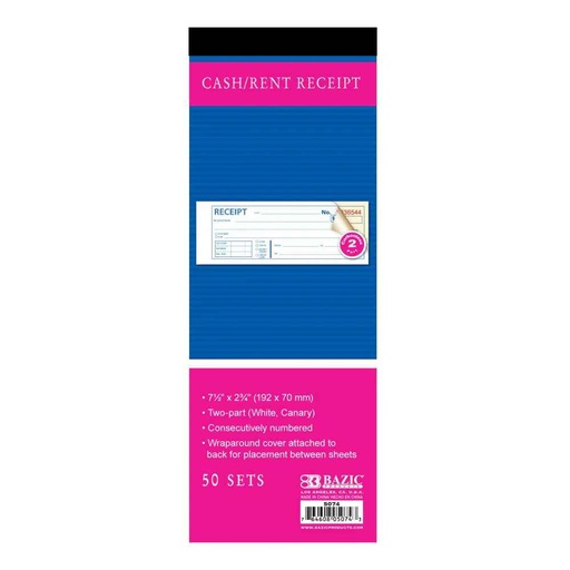 [385625] 5074-BAZIC 50 SETS 7 1/2'' x 2 3/4'' 2 PRT RENT RECEIPT BOOK