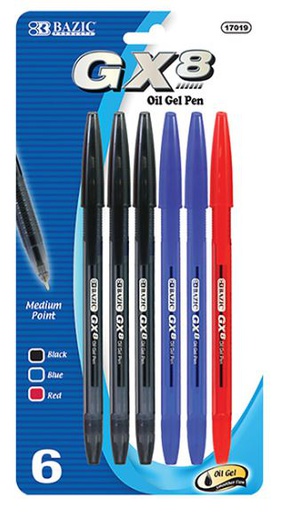 [388742] 17019-BAZIC GX-8 ASST. COLOR OIL GEL INK PEN (6PK) 24/cs
