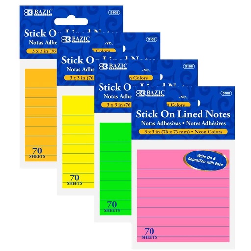 [389047] 5108-BAZIC 70CT. 3x3'' NEON LINED STICK ON NOTES 24/IC 288/C *
