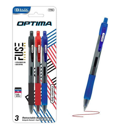 [416282] 1794-Bazic Optima assorted Color Oil-Gel Ink Retractable Pen W/Grip 24/IC 144/C *