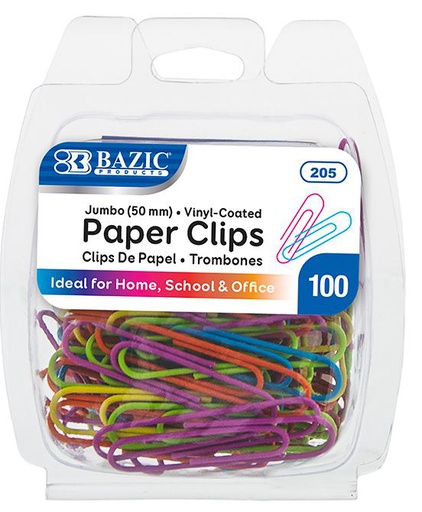 [422173] 205-BAZIC Jumbo (50mm) Color Paper Clips (100/Pack) 24/cs