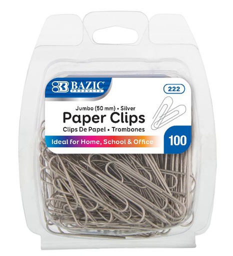 [422174] 222-BAZIC Jumbo (50mm) Silver Paper Clip (100/Pack) 24/IC 72/C