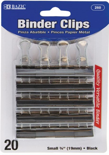 [422175] 260-BAZIC Small 3/4" (19mm) Black Binder Clip (20/Pack)