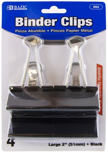 [422177] 262-BAZIC Large 2" (51mm) Black Binder Clip (4/Pack) 24/PK