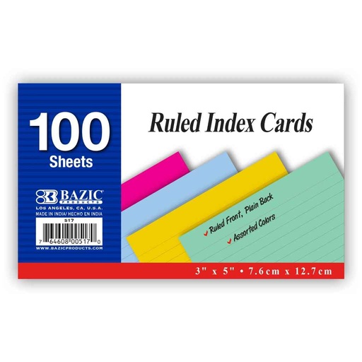 [422188] 517-BAZIC 100 Ct. 3" X 5" Ruled Colored Index Card 36/cs