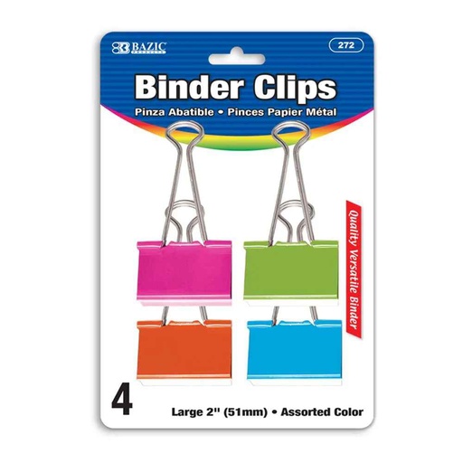 [505676] 272-BAZIC Large 2" (51mm) Assorted Color Binder Clip (4/pack)