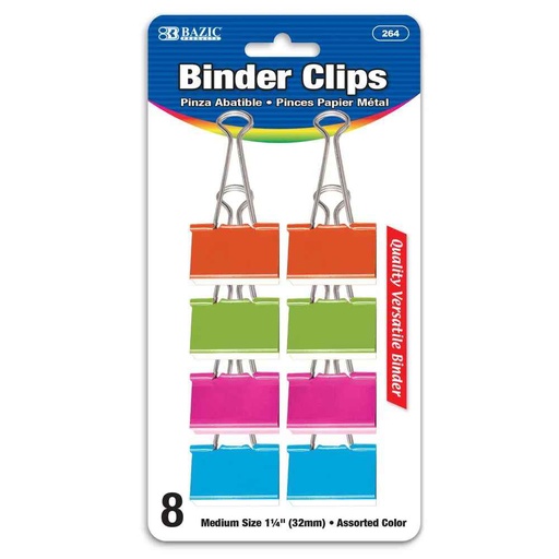 [505677] 264-BAZIC Medium 1 1/4 (32mm) Assorted Color Binder Clip (8/pack)