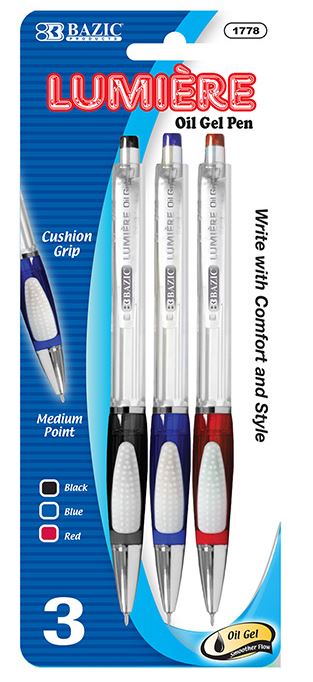 Dis- 1778-BAZIC Lumiere Assorted Color Oil-Gel Ink Retractable Pen 3/PK 24/IC 144/C *