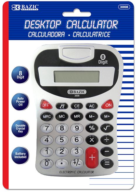 3008-BAZIC 8-Digit Silver Desktop Calculator w/ Tone