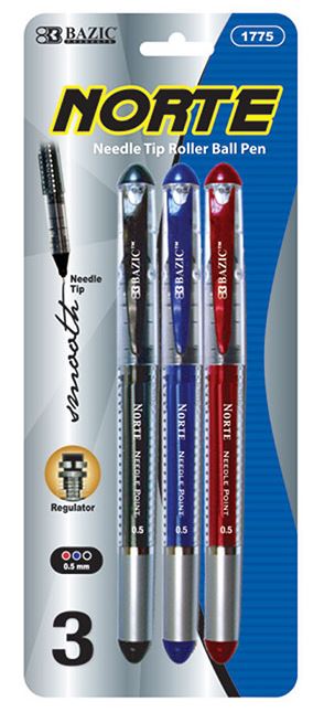 1775-BAZIC Norte Asst. Color Needle-Tip Rollerball Pen (3/Pack) 24/IC 144/C *