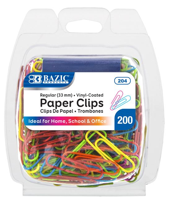 204-BAZIC No.1 Regular (33mm) Color Paper Clips (200/Pack) 24/IC 72/C *