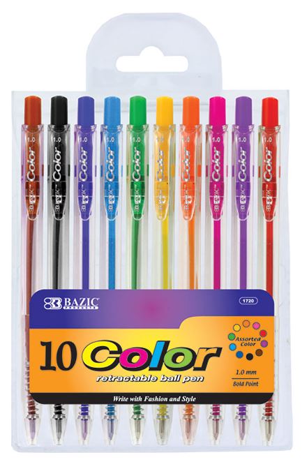 1720-Bazic 10 Color Retractable Pen 24/IC 144/C *